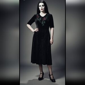 Vintage 30s 40s Black Crush Velvet Dress Small
